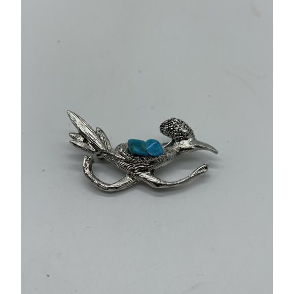 Vintage Roadrunner Silver Tone Faux Turquoise Stone Brooch Pin - Picture 1 of 4